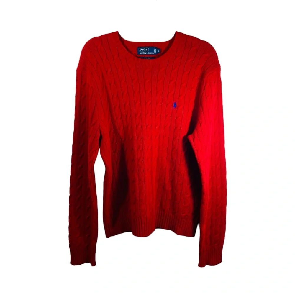 Polo By Ralph Lauren Red Mens Merino Angora Pullover Cable Knit Sweater Sz Large - Picture 3 of 7